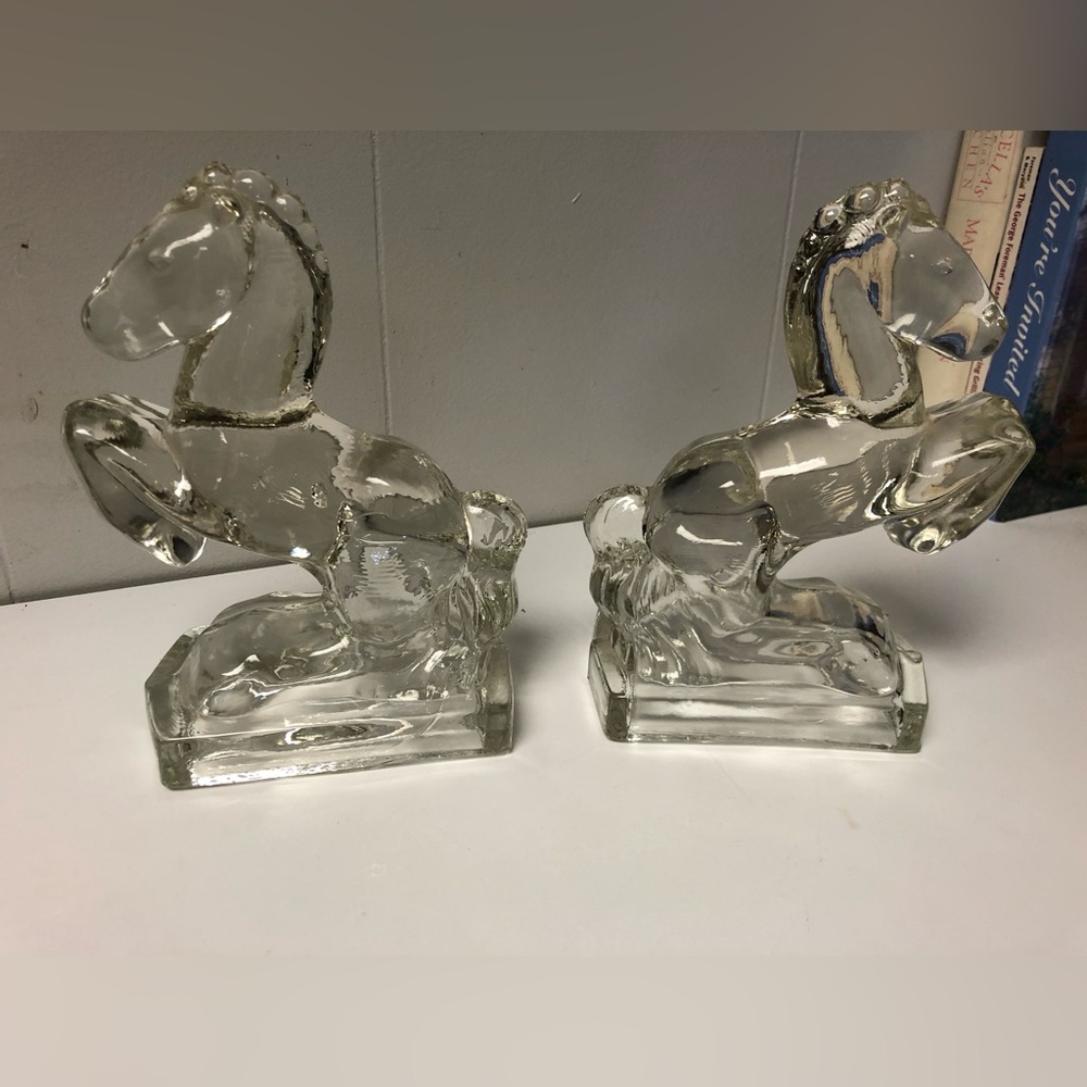 Vintage L.E. Smith Glass Horse Bookends Clear Mid-Century Art Deco